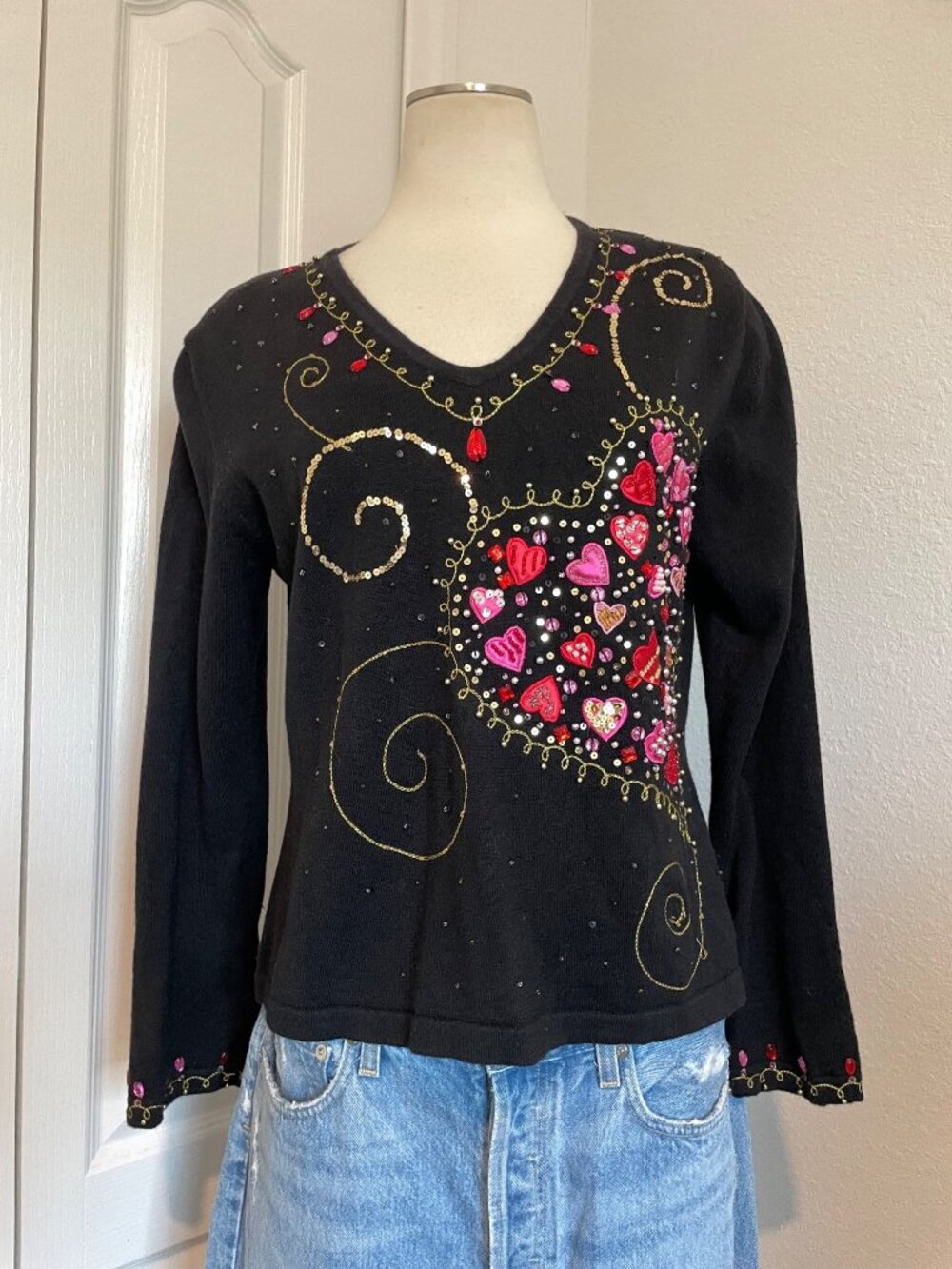 Vintage 90s Y2K Black V-Neck Sweater Sequin + Beaded Heart Embellishments Large